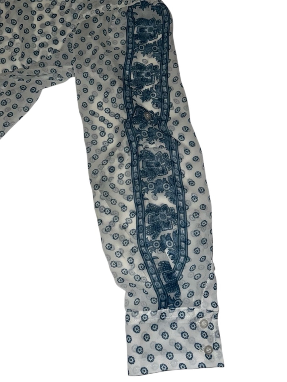 Free People Blue and White Printed Boho Sheer Long Sleeve Blouse Sz XS - Picture 7 of 14